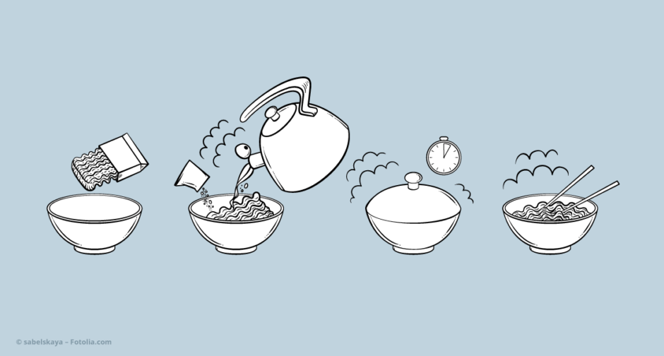 Tütensuppe aufreißen, Wasser drüber, kurz ziehen lassen, fertig
